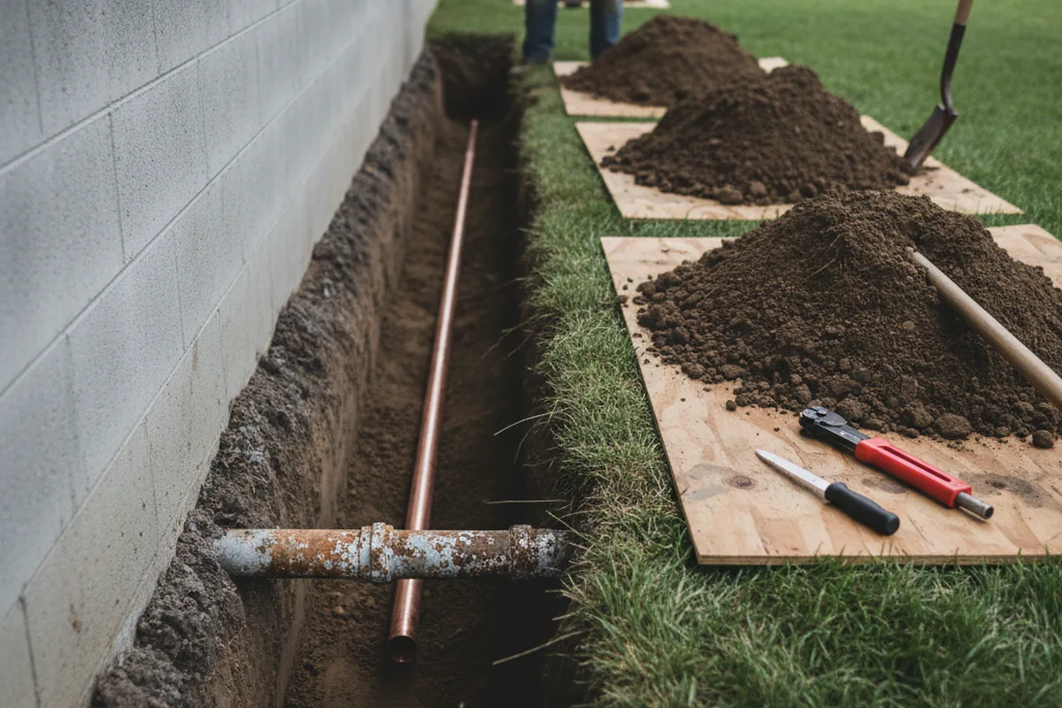 Excavated water line trench during Water Heater Repair in Rembrandt